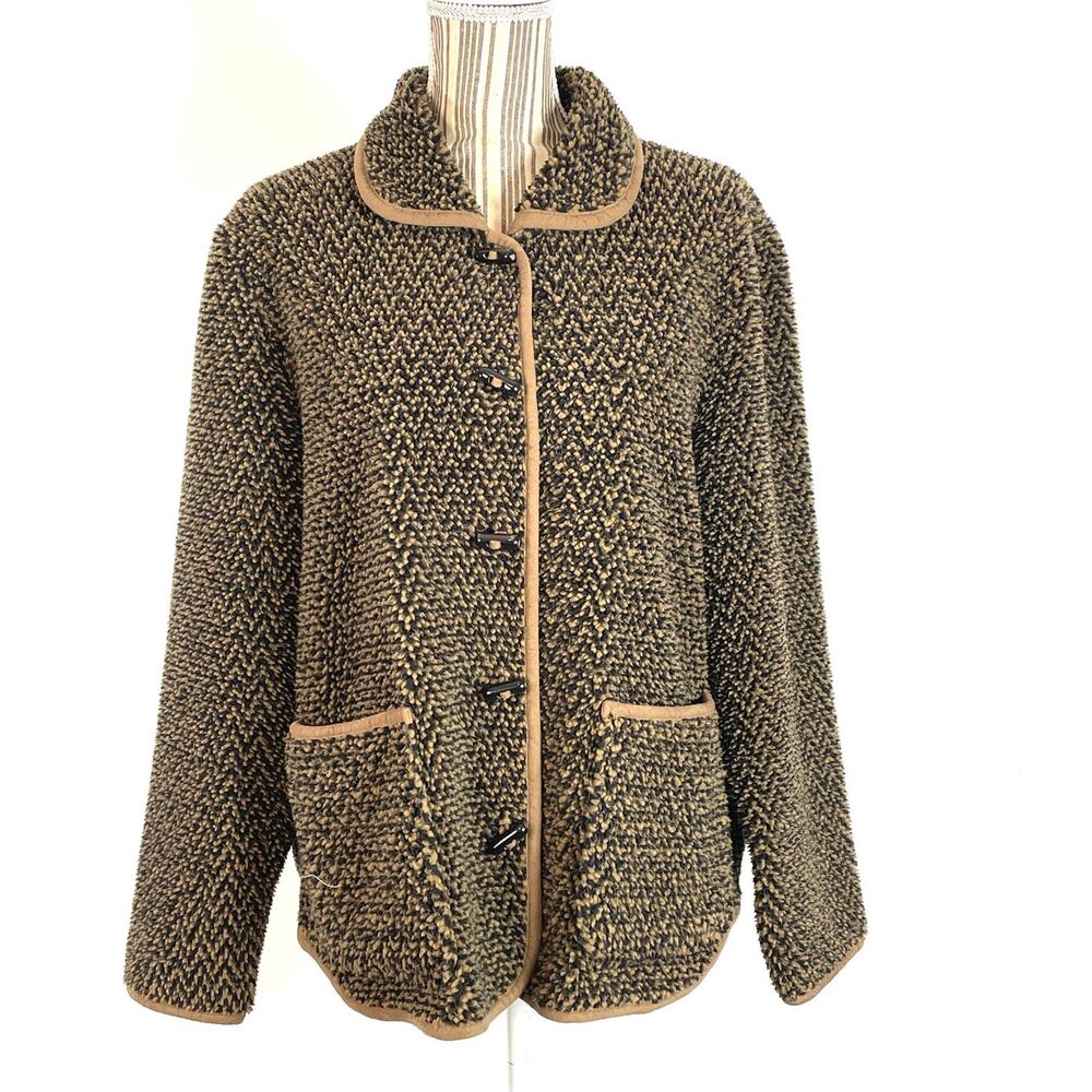 Orvis Black Brown Sherpa Chevron Button Front Sweater Cardigan Size Large